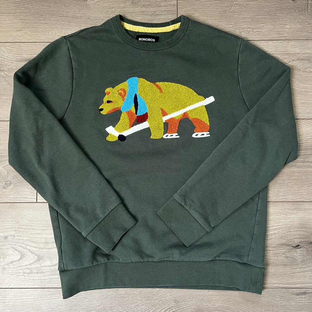 Bonobos Supersoft Fleece Crew Sweatshirt Hockey Bear Mens Small Green Embroidery